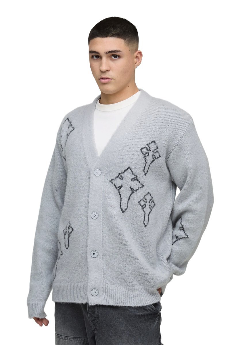 BOOHOOMAN SWETER MĘSKI SZARY Z DEKOLTEM V ZAPINANY NA GUZIKI M Z3A*