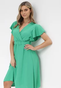Zielona Sukienka z Kopertowym Dekoltem i Paskiem Sizue - Sukienki - miniaturka - grafika 1