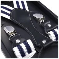 Dodatki do ubrań - Białe szelki do spodni z granatowymi paskami SZ51 - miniaturka - grafika 1