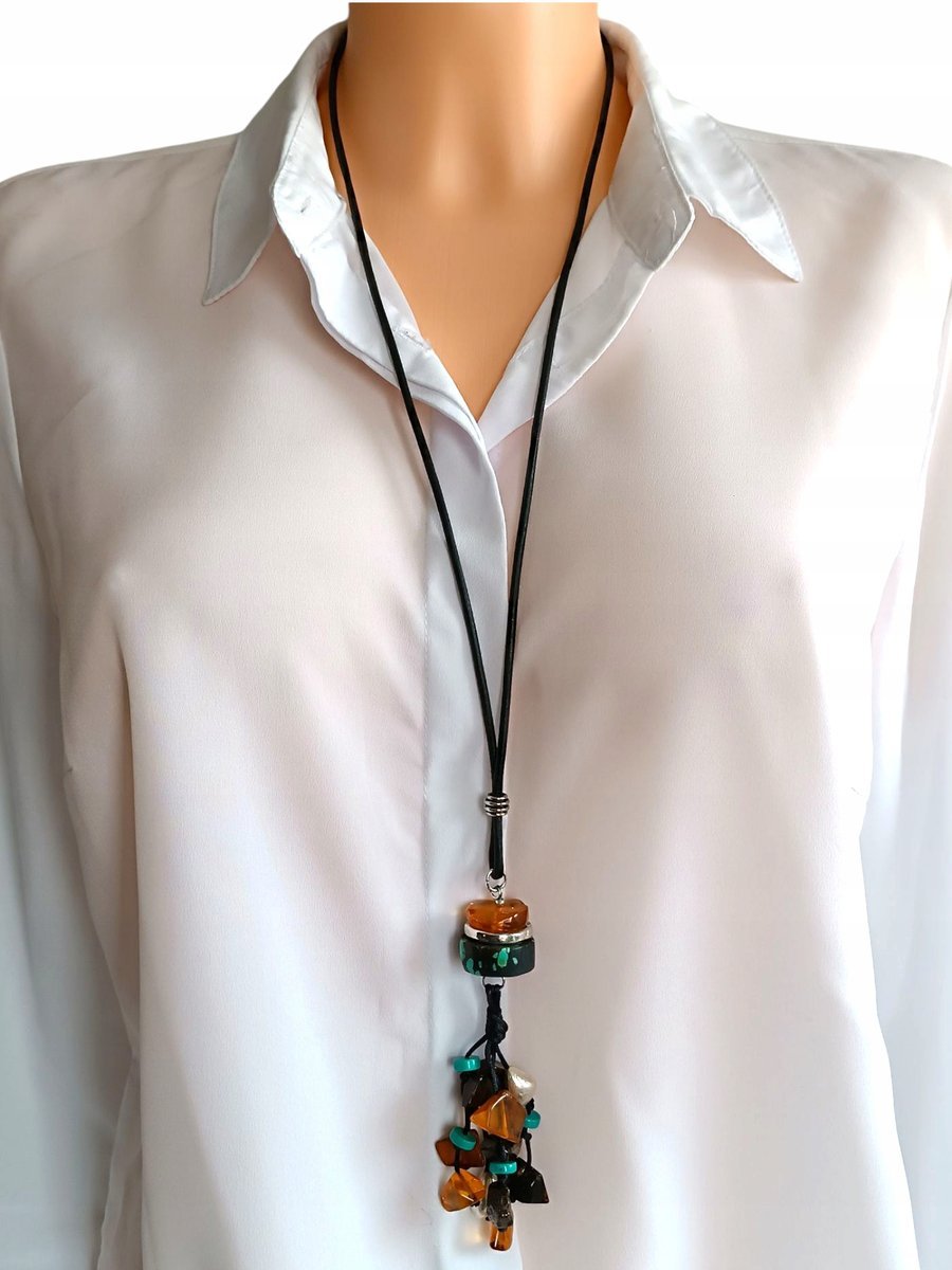 Długi naszyjnik z bursztyn turkus srebro chwost czarny rzemień 70 cm