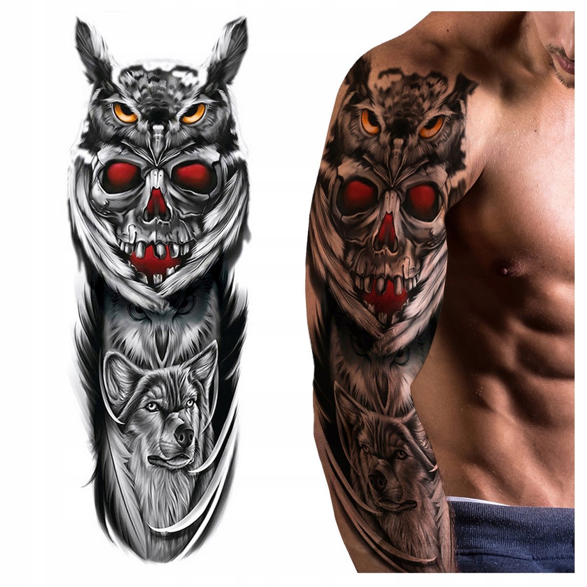 TATUAŻ RĘKAW SOWA CZASZKA WILK ZMYWALNY TYMCZASOWY WODNY