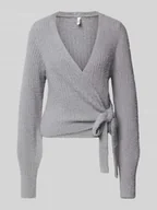 Swetry damskie - Kurtka z dzianiny o kroju regular fit z prążkowanym wzorem model ‘AMANDA’ - miniaturka - grafika 1