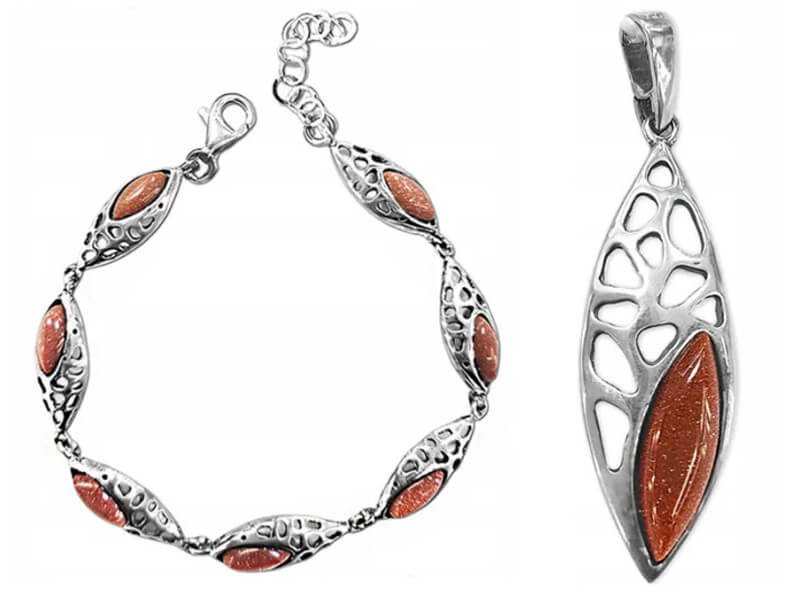 Efektowny komplet ze srebra 925 zdobiony brokatowymi kamieniami