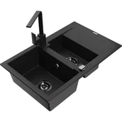 Zlewozmywaki z baterią - Mexen Gaspar zlewozmywak granitowy 1,5-komorowy z ociekaczem i baterią kuchenną Rita, czarny - miniaturka - grafika 1