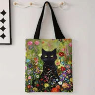 Torby i wózki na zakupy - Torba Shopperka Tote Czarny Kot Polne Kwiaty Pole 40X34 Cm Płócienna Boho - miniaturka - grafika 1