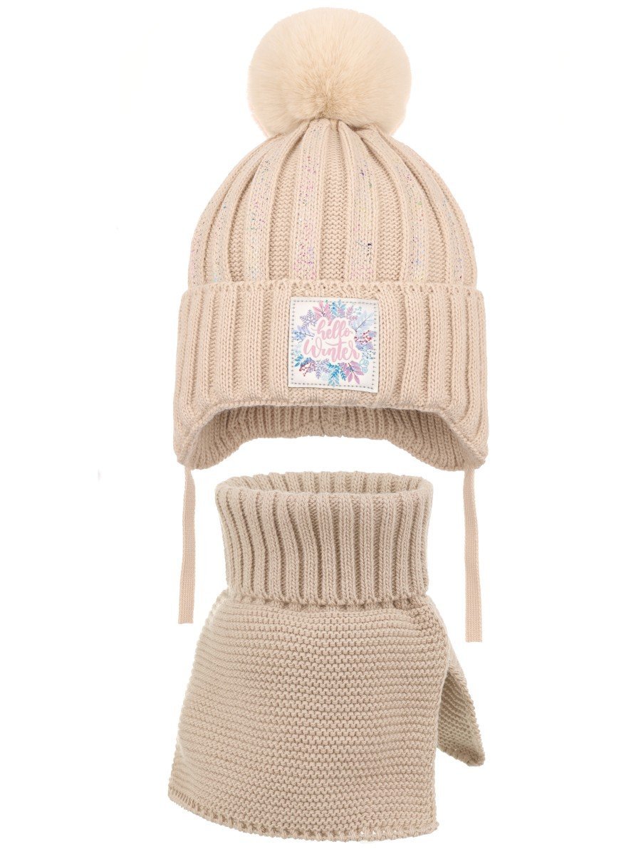 Dziewczęcy komplet zimowy czapka i komin hello winter beżowy Ambra r.46/48