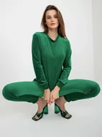 Komplety damskie - Komplet welurowy zielony casual bluza i spodnie dekolt okrągły nogawka ze ściągaczem długość długa - miniaturka - grafika 1
