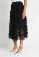 Spódnice - Czarna Rozkloszowana Spódnica z Tiulowymi Falbankami i Gumką w Pasie Keleia - miniaturka - grafika 1