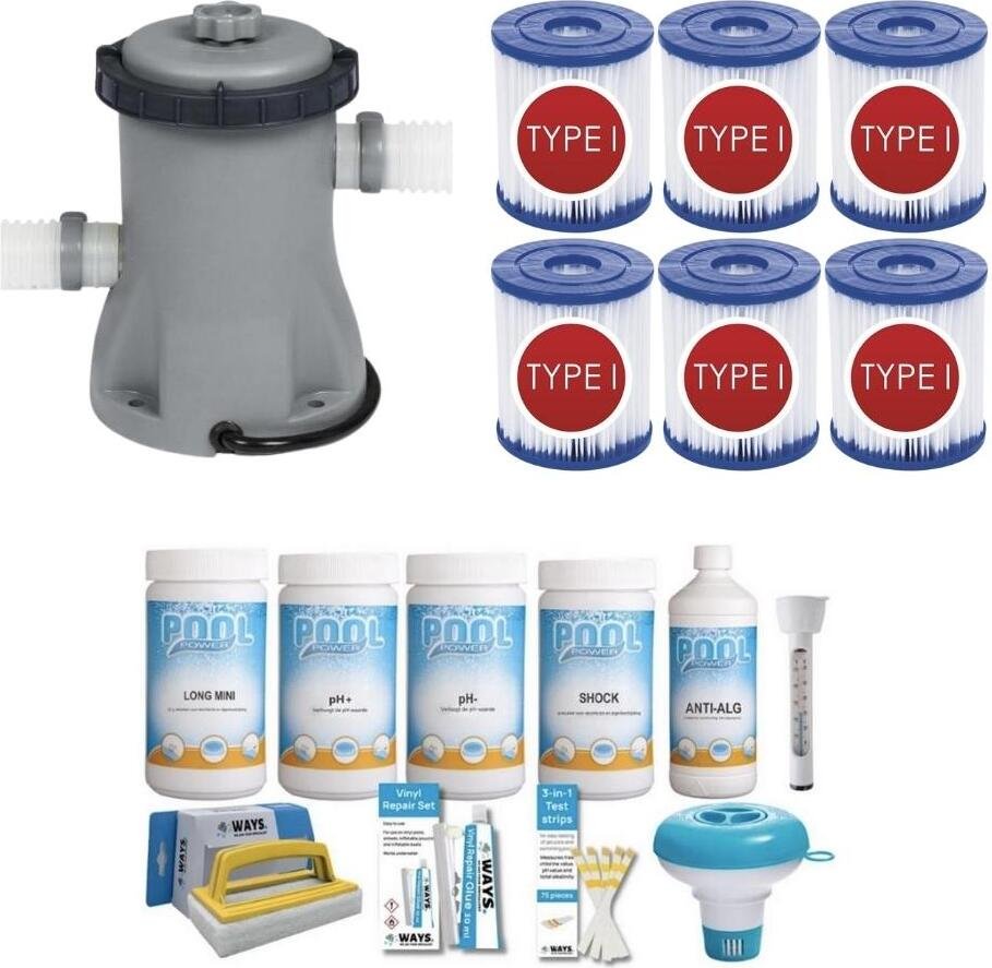 WAYS - Pielęgnacja basenu - Pakiet Medium Deluxe i pompa filtrująca 1249 l/h oraz 6 filtrów typu I