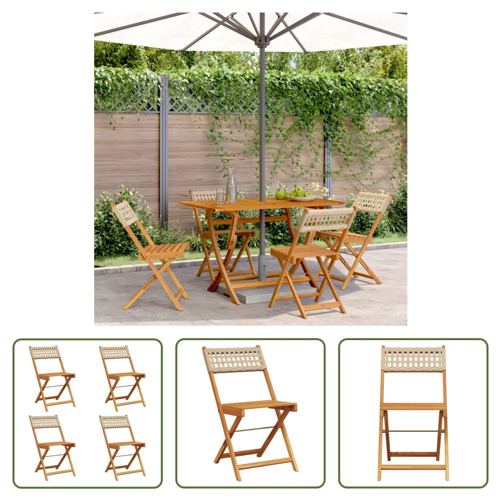 The Living Store Krzesła ogrodowe 4 szt. Składane Beżowy Poli Rattan i Lite Drewno