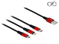 Kable komputerowe i do monitorów - DeLOCK KABEL 3IN1 USB-A(M)->LIGHTNING(M)+USB MICRO(M)+USB-C(M) TYLKO ŁADOWANIE 0.3M CZERWONO/CZARNY - miniaturka - grafika 1