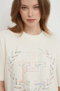 Koszulki sportowe damskie - Tommy Hilfiger t-shirt bawełniany damski kolor beżowy - grafika 1
