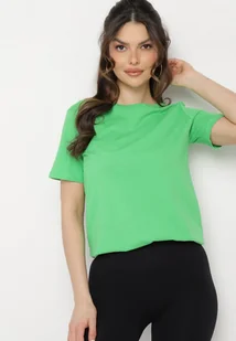 Zielony Gładki T-shirt z Elastycznej Bawełny z Krótkim Rękawem Derdiara - Koszulki i topy damskie - miniaturka - grafika 1