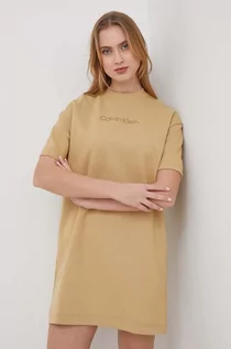 Sukienki - Calvin Klein sukienka bawełniana kolor beżowy mini prosta - grafika 1