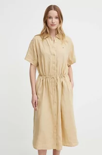 Sukienki - Tommy Hilfiger sukienka lniana kolor beżowy midi rozkloszowana WW0WW41911 - grafika 1