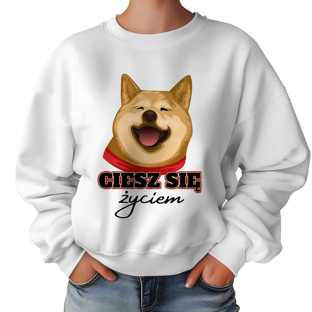 Biała Bluza Damska Dresowa CIESZ SIĘ ŻYCIEM Zabawne Kolorowe Wzory Rozm M