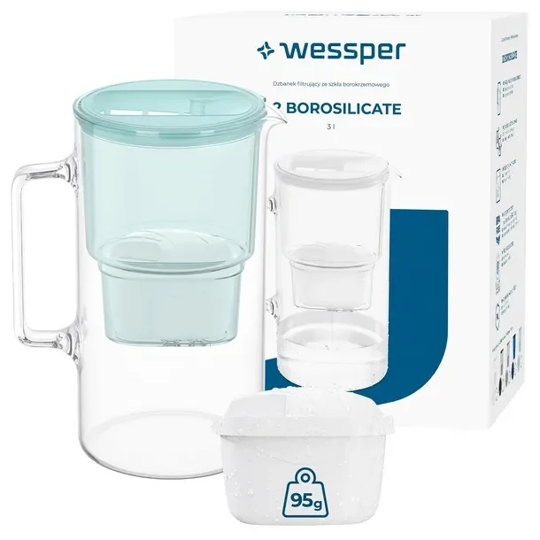 Szklany dzbanek filtrujący Wessper D2 Borosilicate 3l miętowy + 1x filtr