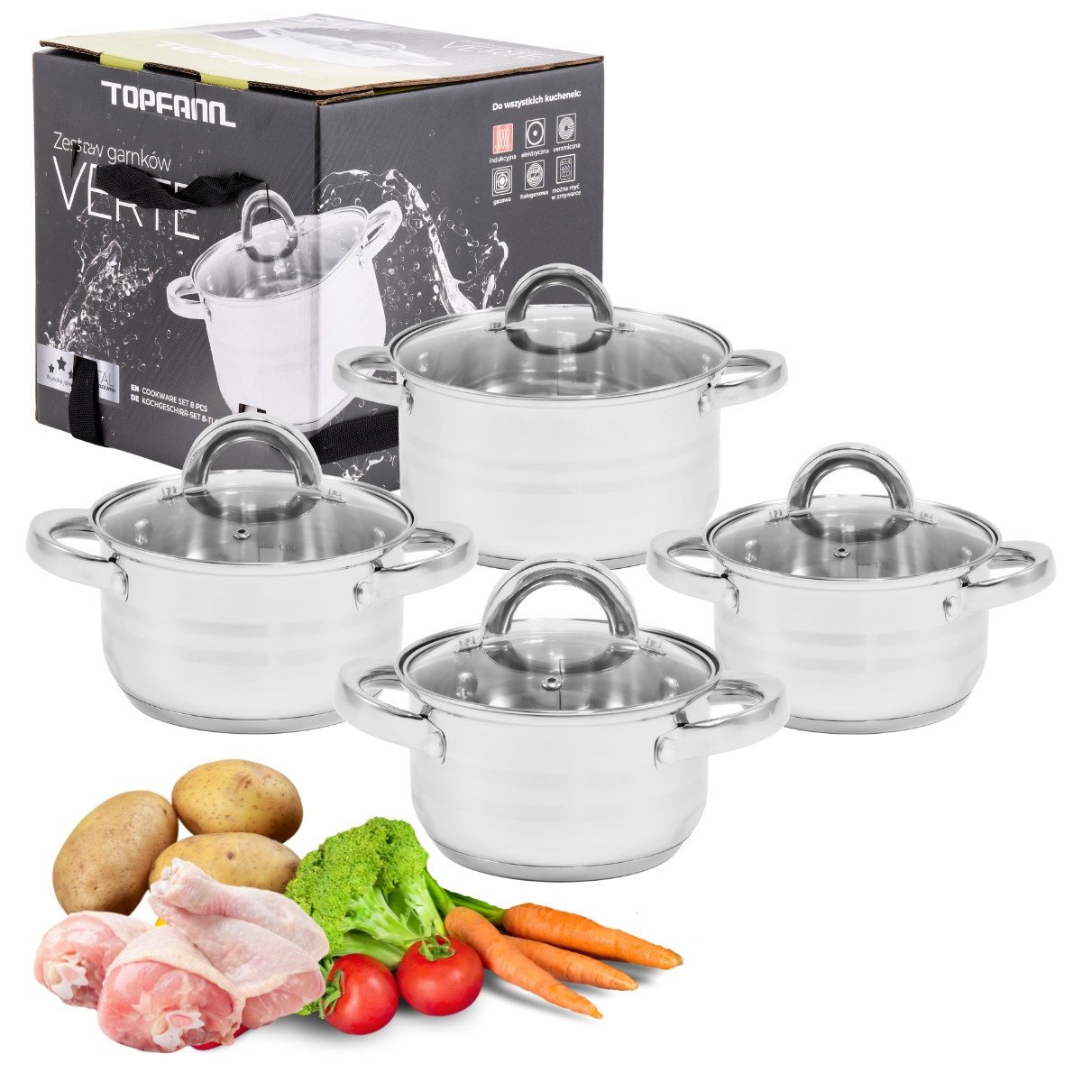 Zestaw 4 garnków nierdzewnych z pokrywkami TOPFANN Verte garnki do gotowania na gaz indukcję