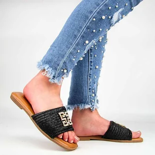 JEZZI 24SD98-6982 klapki damskie plecione z ozdobą czarne - Klapki i japonki damskie - miniaturka - grafika 1