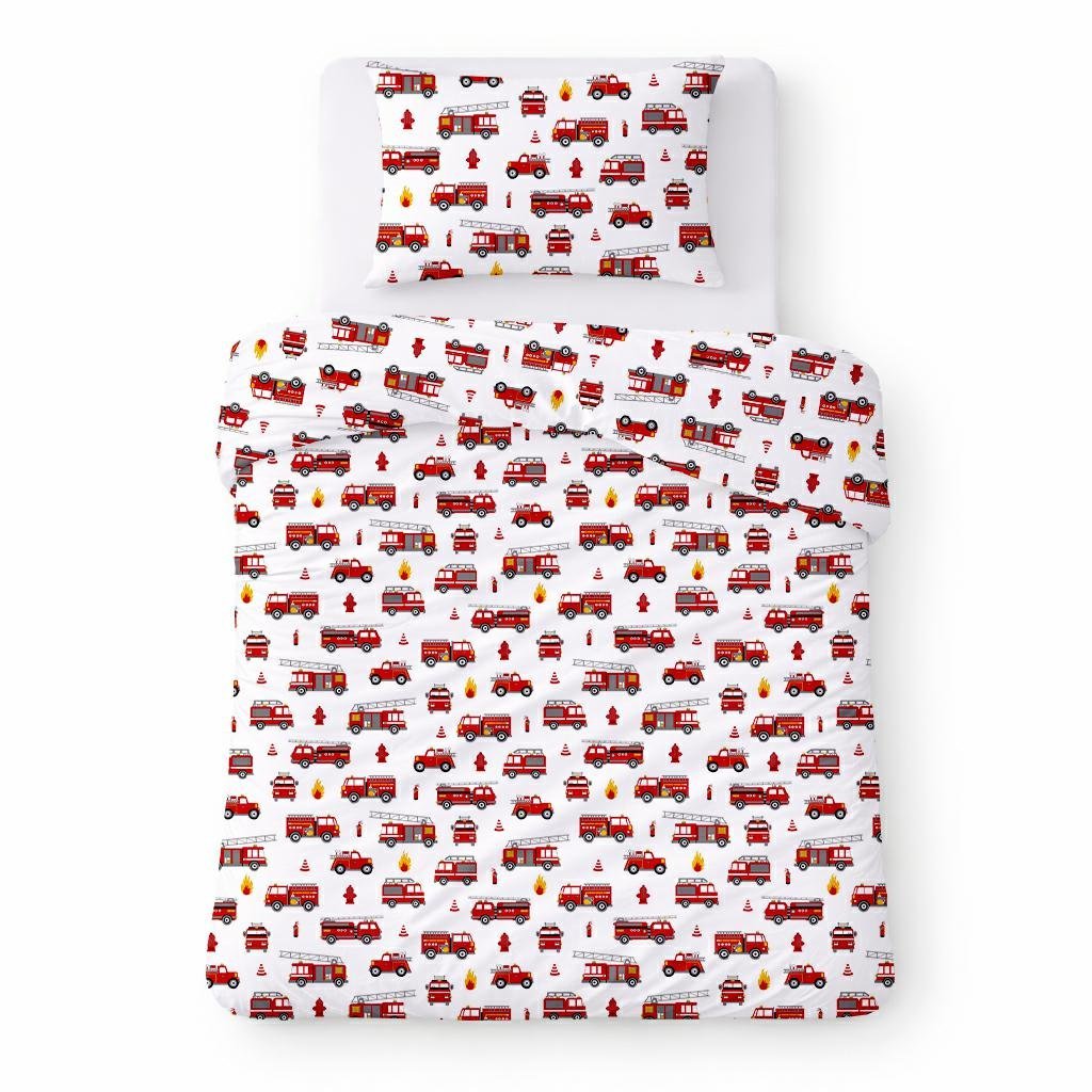 Pościel bawełniana 140x200 biała w czerwone wozy strażackie, dziecięcy nowoczesny - COTTON HOME KIDS