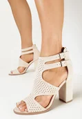 Sandały damskie - Beżowe Sandały na Słupkowym Obcasie z Perforacją Lyrique - miniaturka - grafika 1