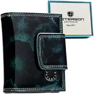 Portfele - Portfel damski mały ze skóry naturalnej i ekologicznej PETERSON lakierowany zielony z motywem kwiatowym portmonetka na zatrzask i bigiel pudełko pre.. - miniaturka - grafika 1