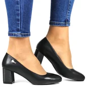 Czółenka - Czółenka Półbuty Na Słupku Sergio Leone Pb178 Czarne Matowe Licowe Ozdobny Obcas Karbowany - miniaturka - grafika 1