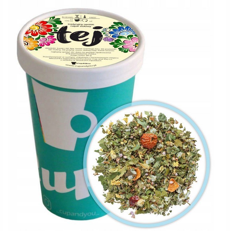 Tradycyjny OPOLSKI TEJ ziołowy - herbata napar z ziół, kwiat i liść lipy, kwiat czarnego bzu, liść poziomki, liść maliny, liść jeżyny, owoc dzikiej ..