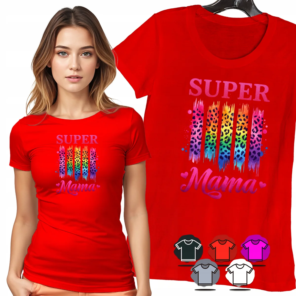 KOSZULKA DAMSKA T-SHIRT - SUPER MAMA TĘCZOWA PANTERKA KOLOROWY DAMSKI - XL