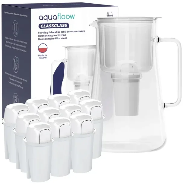 Szklany dzbanek filtrujący AquaFloow ClassGlass 3l biały + 12x filtr Class