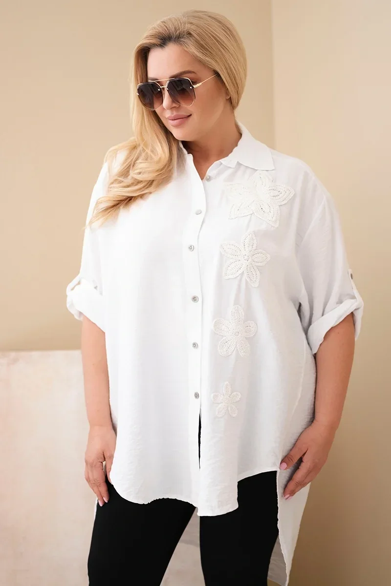 Koszula damska Plus Size z wiskozy z haftem kwiatowym biała Biały