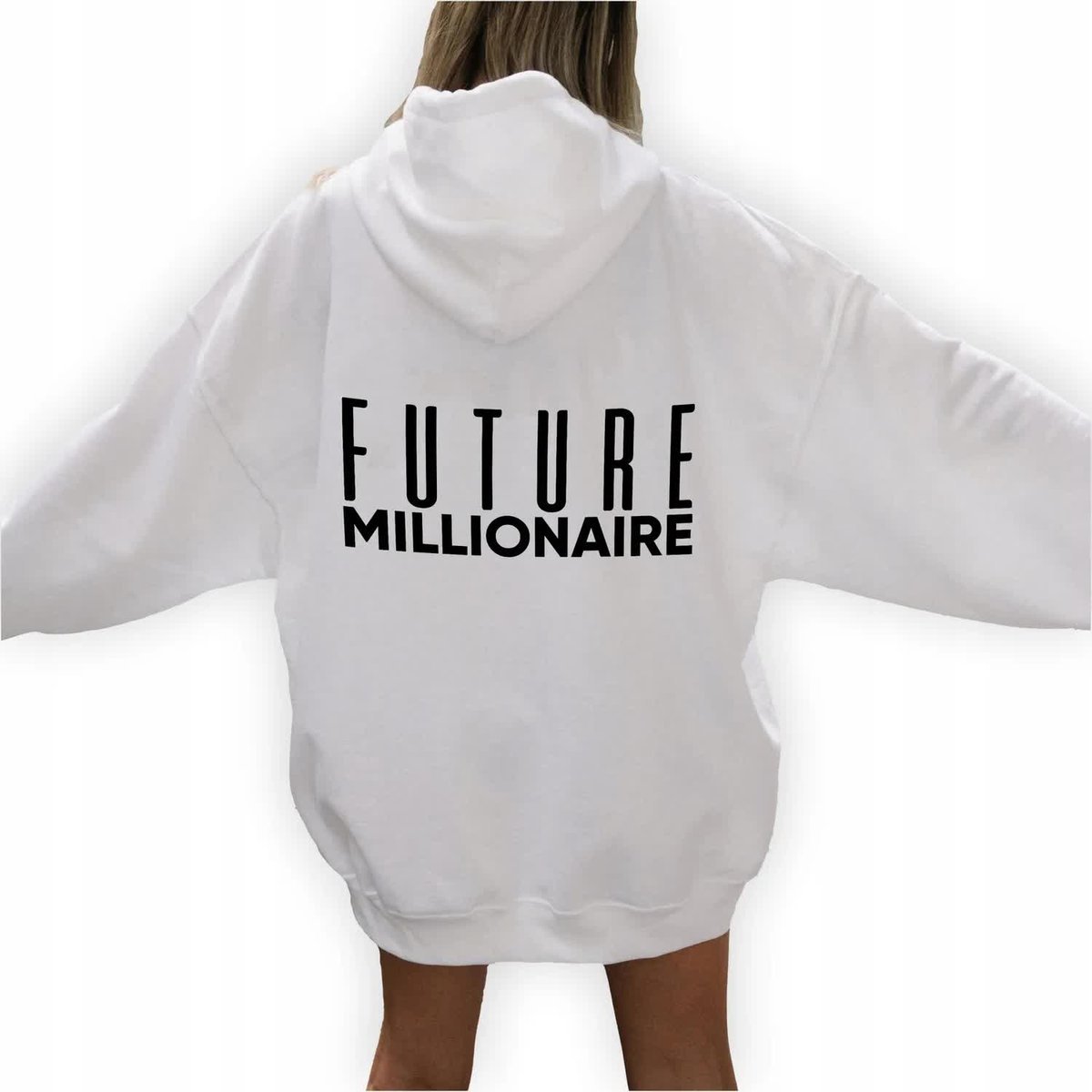 Wygodna Bluza Dresowa Damska Biała Z Kapturem FUTURE MILLIONAIRE Wzory - S