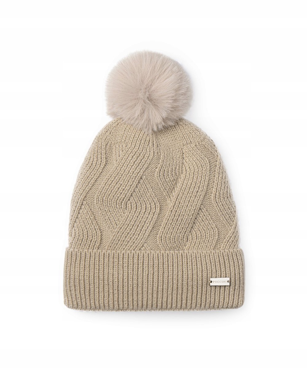Czapka Zimowa Damska z Pomponem PUCCINI Splot Warkoczowy Beżowa CZ2413-6A