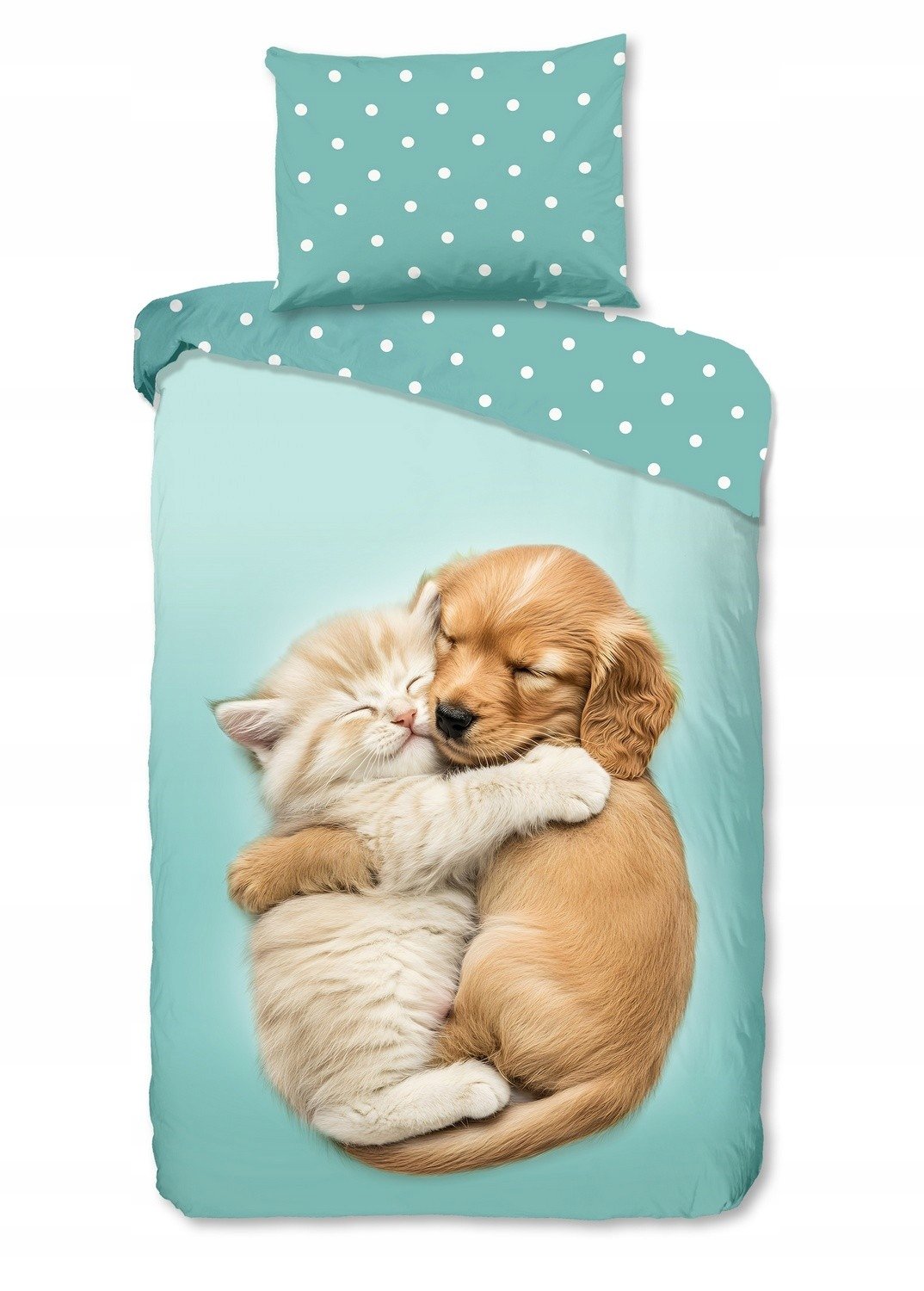Pościel 140x200 kotek piesek miętowa dwustronna w grochy bawełna