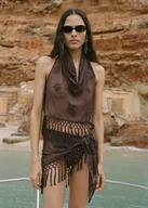 Spódnice - MANGO - Haftowana minispódniczka z frędzlami brązowy - L - Kobieta - miniaturka - grafika 1