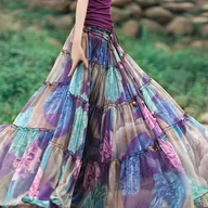 Spódnice - TEMU Bohemijska Sukienka Maxi z Wielokolorowym Nadrukiem (Turkusowy/Różowy/Lawendowy) - Kształt A - Długa Sukienka na Wesele, Falbanka na Dołku i - miniaturka - grafika 1