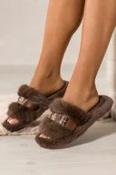 Kapcie damskie - Brązowe kapcie damskie obuwie domowe futrzane brązowy pasek ze srebrną klamerką Casu NG-40 - miniaturka - grafika 1