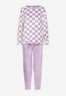 Piżamy damskie - Fioletowy Komplet Piżamowy Bluzka w Motywem Szachownicy i Spodnie z Gumką w Pasie Aeloma - Born2be - miniaturka - grafika 1