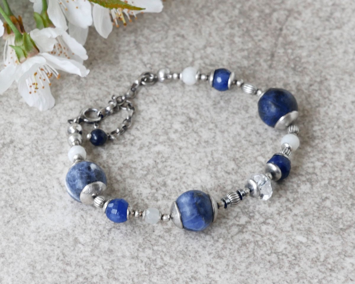 Bransoletka z Sodalitem i Kamieniem Księżycowym w srebrze
