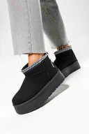 Śniegowce damskie - Czarne śniegowce mukluki damskie na bieżnikowanej platformie z wzorzystym wykończeniem Casu HY877 - miniaturka - grafika 1