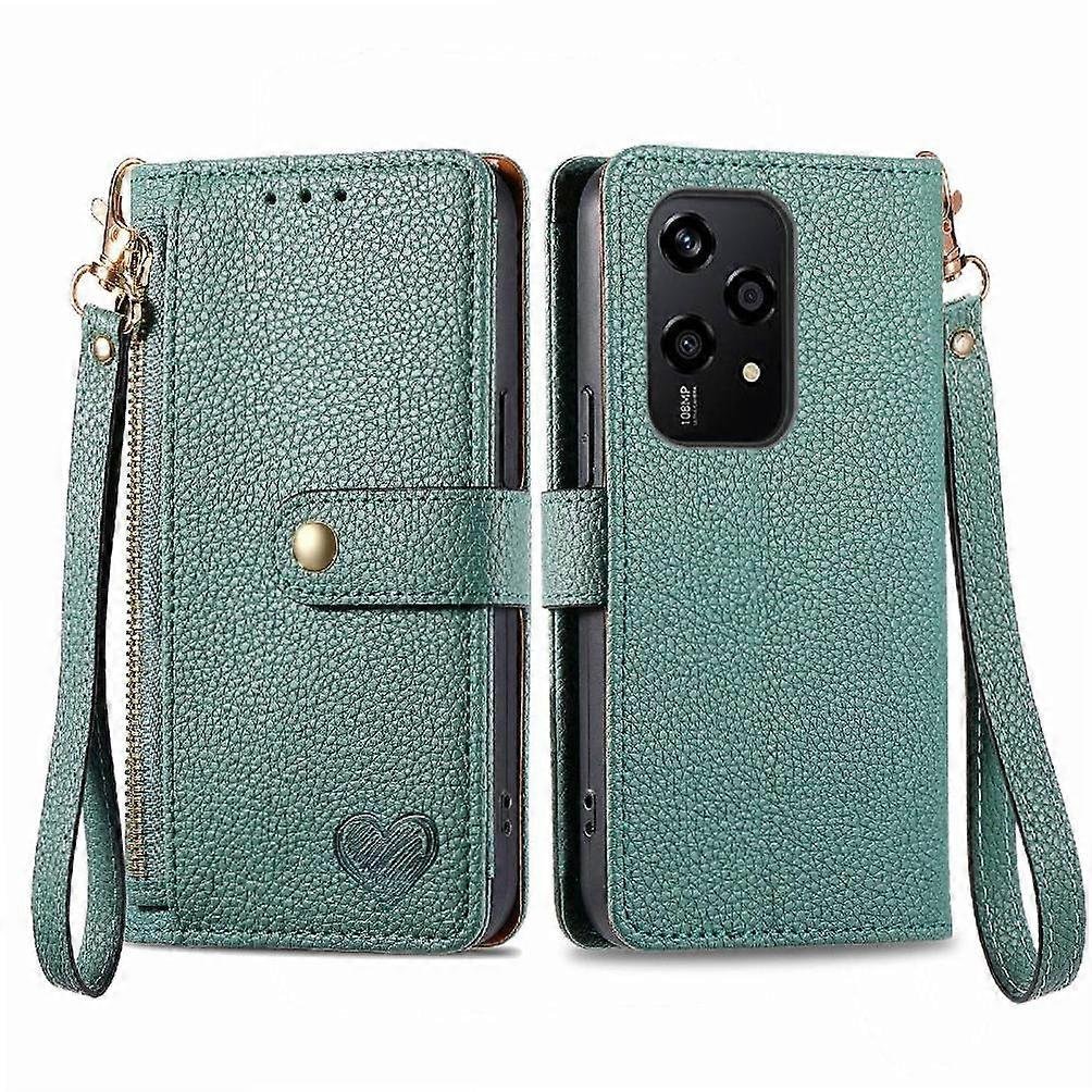 Foxdock Etui z klapką do portfela Honor 200 Lite Zipper Love Odporne na wstrząsy skórzane etui Zielony