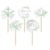 Dekoracje i nakrycia stołu na imprezę - Pikery do babeczek Komunia Święta Eukaliptus srebrne, 5 szt. - miniaturka - grafika 1