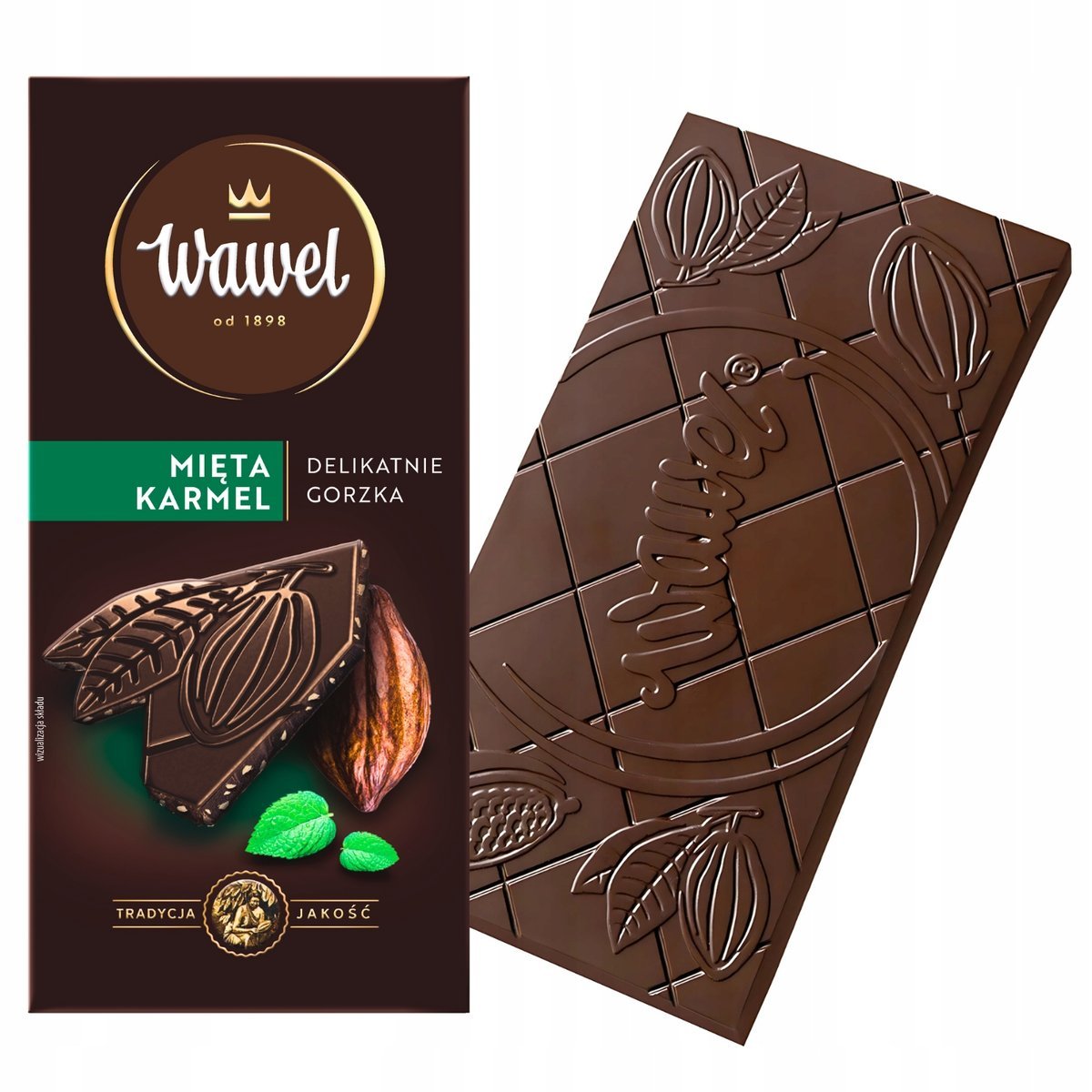 Czekolada Delikatnie Gorzka Premium 43% z cząstkami miętowymi i karmelem Wawel 90g