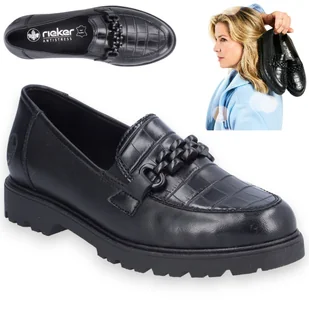 Eleganckie damskie buty ze skóry licowej mokasyny RIEKER Lordsy czarne 39 - Mokasyny damskie - miniaturka - grafika 1