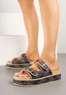 Klapki i japonki damskie - Fioletowe Klapki na Grubej Podeszwie ze Wzorem Etno Redileine - miniaturka - grafika 1