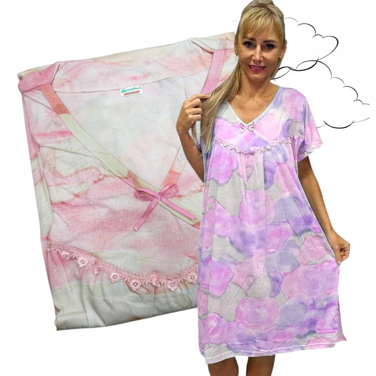 KOSZULA NOCNA OMBRE bawełniana chmurka urocza kokarda prezent 50 52 5XL 6XL