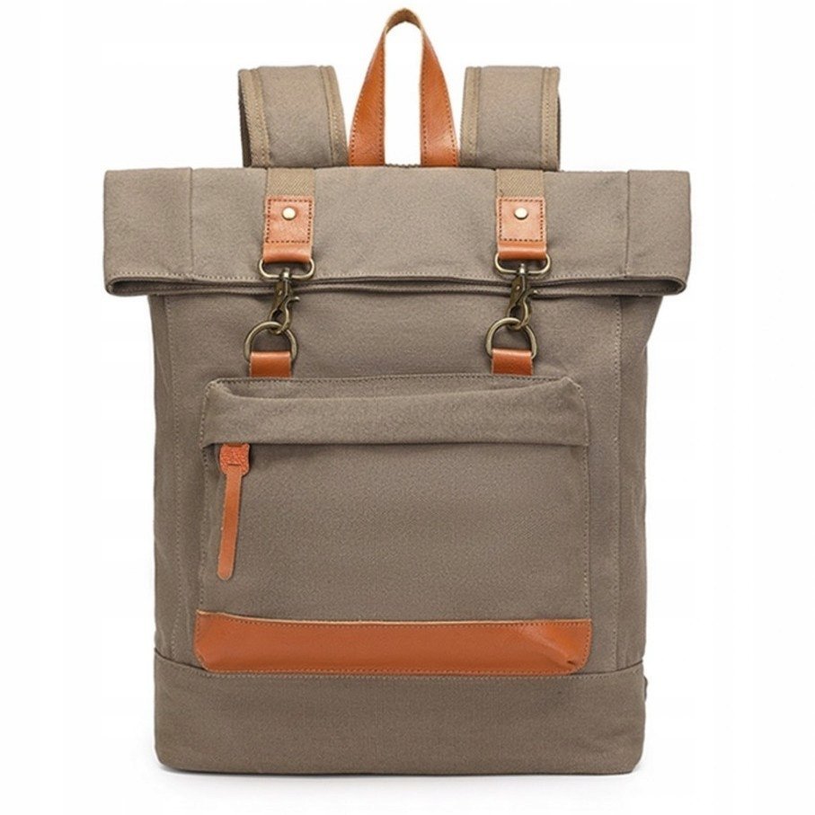 Plecak Męski Vintage Brezentowy Beżowy Khaki Płócienno Skórzany Arizona