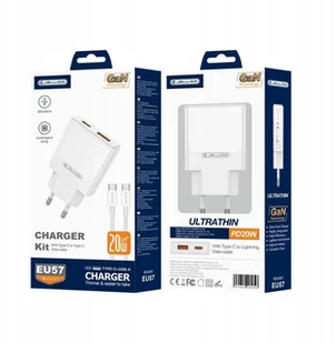 JELLICO ładowarka sieciowa EU57 PD 20W 1xUSB-C + 1xUSB QC3.0 + kabel USB-C - USB-C Biały - Ładowarki do telefonów - miniaturka - grafika 1