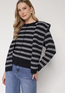 Swetry damskie - Granatowy Kardigan w Paski z Domieszką Wełny z Dodatkową Narzutką Fedina - miniaturka - grafika 1