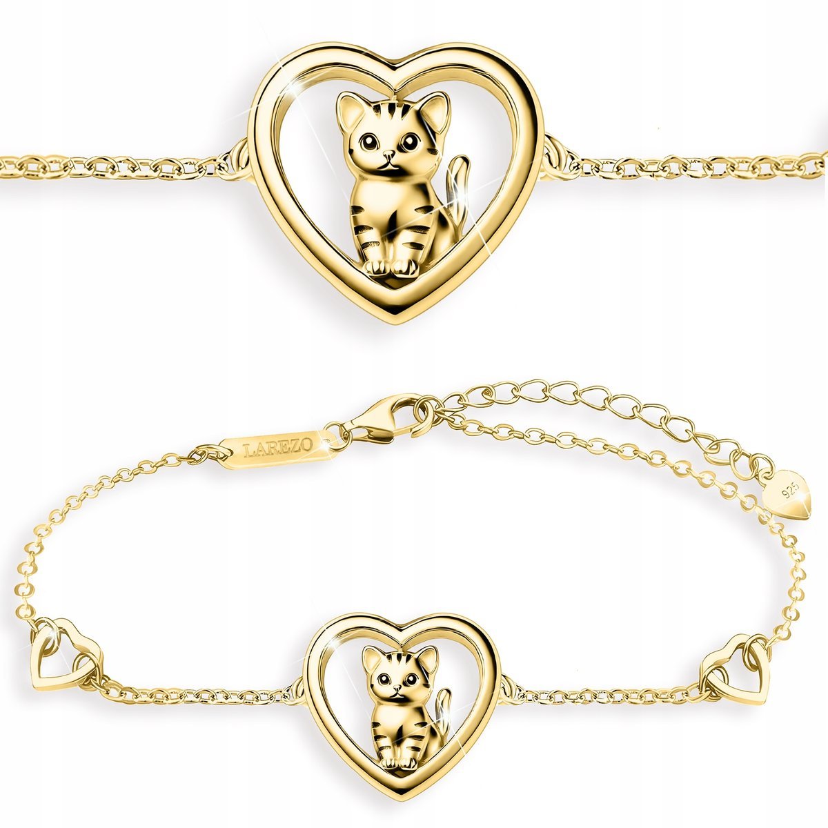 Złota Bransoletka Serce z Kotem Serduszko Kot Kotek w Sercu SREBRO 925